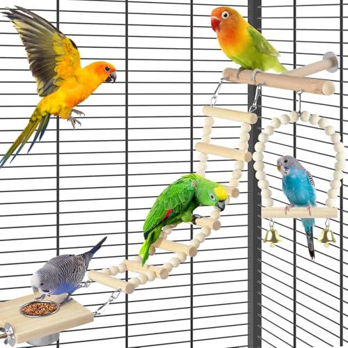 DBNESS 5in1 Bird Toys, Birdie Perches Platform Swing with Stainless Steel Feeding Cup Climbing Ladder, Wooden Play Gym for Cockatiels Lovebirds Budgies Pacific Parrotlets Finch Canaries - size: 5 in 1