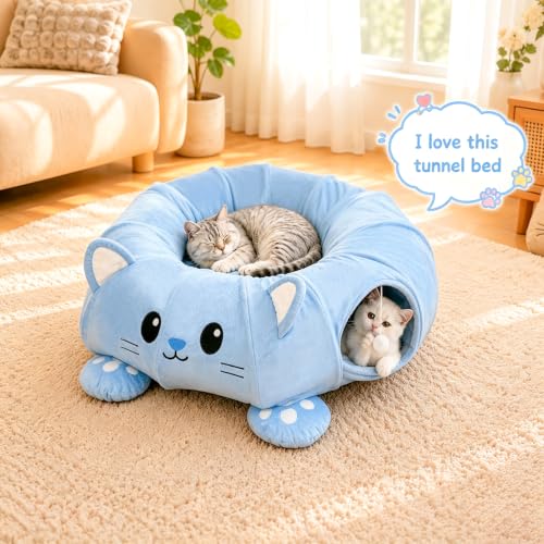 Cat Tunnel Bed with 21 Interactive Toys - color: Blue, Kitten Pattern