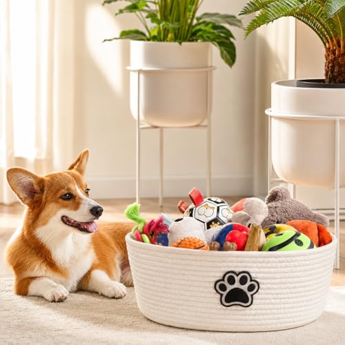 Woven Basket,Dog Toys Basket with Handle,Cute Cotton Gift Baskets Empty for Puppy Leash,Blanket Food, Accessories Pet and Household Storing