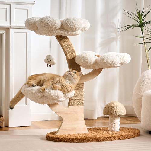 Aesthetic Flower Cat Tree Tower with Scratching Post for Indoor Cats, 37" H Modern Cat Tree with Wood Sculpted Branch, Flower Cat Beds, Mushroom Scratcher & Interactive Squeaky Toy, White - color: 37"-Mushroom-Creamy White