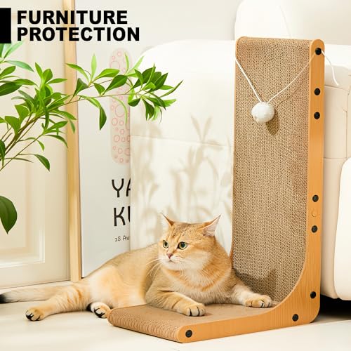 Value 2-Pack 23.6 Inch L-Shaped Cardboard Cat Scratcher, Dual Use (Vert/Horiz) Scratch Pad with Toy Balls, Wall-Mountable Furniture Protector Cat Scratchers for Indoor Cats - size: 23.6 Inch 2- Pack