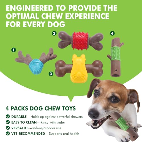 Durable Dog Chew Toys for Large Dogs - Tough Bone-Shaped Dental Chew with TPR Rubber & Wood Fiber, Teething & Aggressive Chewer Toys for Medium/Large Breed, Long-Lasting Teeth Cleaning (4 Pack Set) - color: 4 Styles Set