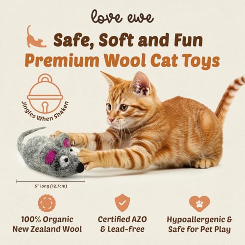 Love Ewe Wool Cat Toys 3 Pack, 5in Mouse w/Bell & 2in Ball - color: Mouse & ball