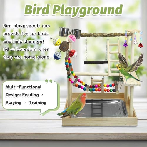 PINVNBY Bird Playground Parrot Natural Wooden Perch Stand Birds Gym - size: Two Floors With Bell Platform