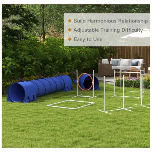 PawHut 7 Piece Dog Agility Training Equipment, Dog Obstacle Course Starter Kit with Tunnels, Weave Poles, Adjustable Hurdles, Jumping Ring, Pause Box, Whistle, Blue