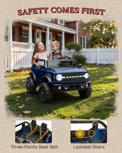 First Ride On 24V 2 Seater Ride on Toys for Big Kids, Licensed Ford Bronco Base Electric Car with Remote Control, Ride on Truck w/Seat Belts, 3 Speeds, Spring Suspension and Bluetooth (Blue) - color: Blue