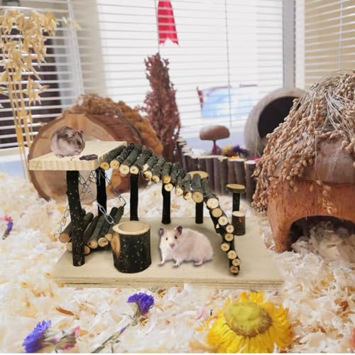 kathson Hamster Playground, Wooden Hamster Climbing Toys Activity Platform Set with Ladder Ramp Bridge Bowl Swing Cage Accessories for Gerbil Chinchilla Mouse Rat