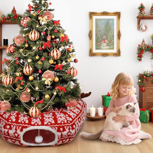 Cat Tunnel Christmas Tree Skirt, Multifunctional Christmas Tree Protector Washable Indoor Cat Donut Cave Bed with Interactive Toys Kitty Hideout Tubes for Small Animal,32"×10", (Plush, Reindeer) - color: Plush, Reindeer