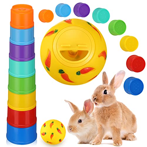 LEIFIDE 9 Pack Stack up Bunny Cups and Treat Ball for Bunny Toys Rabbit Food Dispenser Rabbit Stacking Cups Snack Ball Toys Plastic Nesting for Small Animals Rabbits