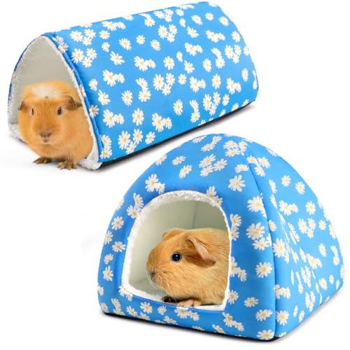 Guinea Pig House and Tunnel Set - 2 Pack Washable Guinea Pig Hideout Bed, Plush Small Animal Hide and Toy with Non-Slip Bottom for Ferret Dwarf Bunny