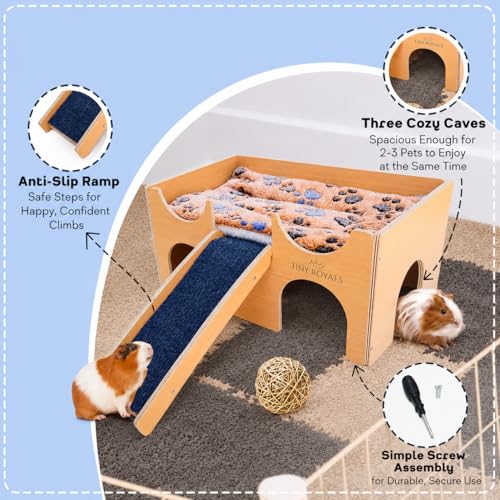 Guinea Pig Wooden Hideout with Built-in Feeder, Screw-Assembled Natural Wood Castle with Absorbent Fleece Mat, Ramp & Accessories, Cozy Safe Hideaway for Small Pets to Rest, Play & Explore