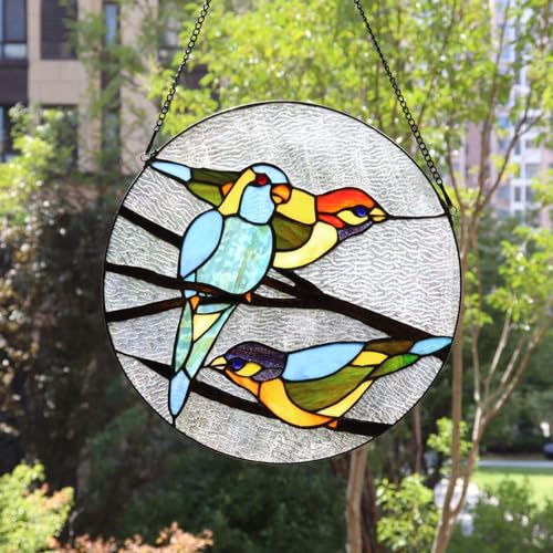 Bieye W10044 Parrots Tiffany Style Stained Glass Window Panel, Blue