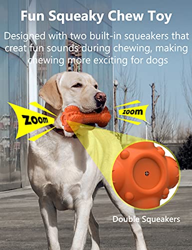 SCHITEC Squeaky Dog Chew Toy, Tough Durable Natural Rubber Bone with Toothbrush, Indestructible for Aggressive Chewers Large Medium Breed Teeth Cleaning - color: Orange
