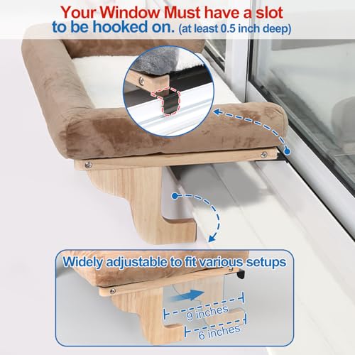 Zakkart Cat Perch for Windowsill with Bolsters (Dark Stained/Brown, L) - color: Dark Stained Wood with Brown Bed, size: 24''L x 15''W