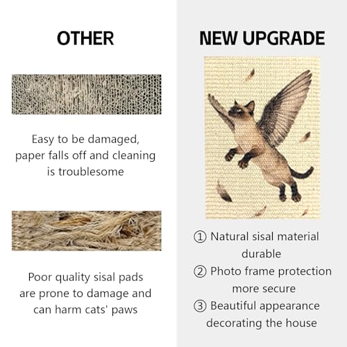 Wall Art Cat Scratcher Mat - Sisal Vertical Cat Scratch Pad with Photo Frame Design, No-Drill Wall-Mounted, 16"x12" Wall & Couch Cat Scratching Mat, 1 Extra Mat Included Free (Winged Cat) - color: Winged Cat