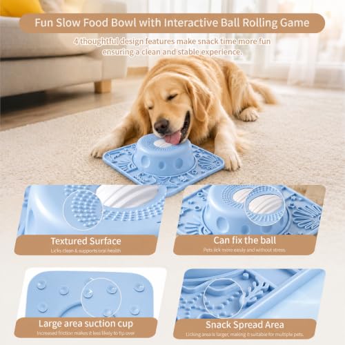 Dog Licking Slow Feeder Bowl with Rolling Ball Anti-Gulping, 2 in 1 Dog Non-Slip Lick Mat, Edible Silicone for Wet Food, Yogurt, Bone Broth, Nutrient Solution Blue - color: Blue, size: Single