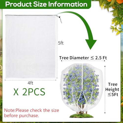 2 Pack 4 x 5 ft Fruit Tree Netting Covers with Zipper and Drawstring - size: 5 x 4FT/2Pack
