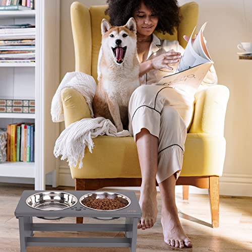 HTB Elevated Dog Bowl Stand with 2 Stainless Steel Bowls-7" H Medium Grey - color: Grey, size: medium-7"tall,29 Oz bowl