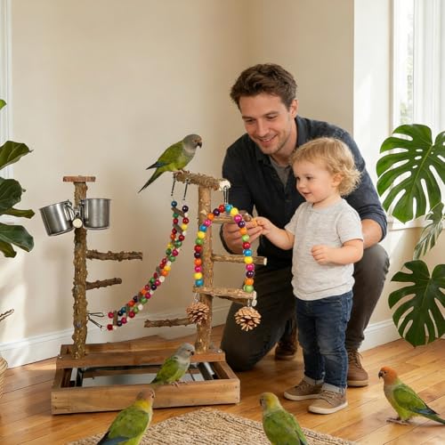 Natural Wood Bird Perch Stand Parrot Playground Play Gym - color: Brown