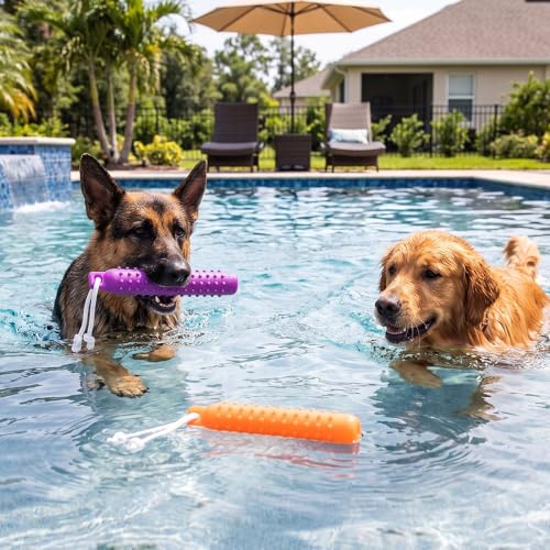 Dog Water Toys, 2 Pack Floating Bumper Fetch Toy Dummy - color: purple and orange