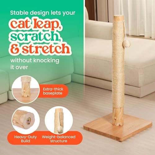 35" Solid Wood Cat Scratching Post, Stop Replacing Cheap Post