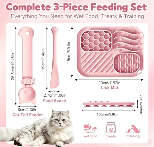 AZY 3-Piece Slow Feeder Cat Bowl Set with Strong Suction Cups - color: pink