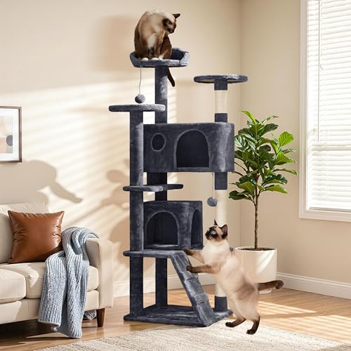 Yaheetech 62in Cat Tree with 2 Condos Sisal Scratching Post Sturdy Tower - color: Dark Gray, size: 62in
