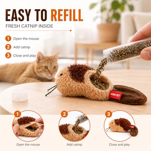 QiQi Refillable Catnip Toy Mouse, Interactive Plush Cat Toy with Catnip Refill, Soft Chew Toy for Indoor Cats & Kittens - color: brown
