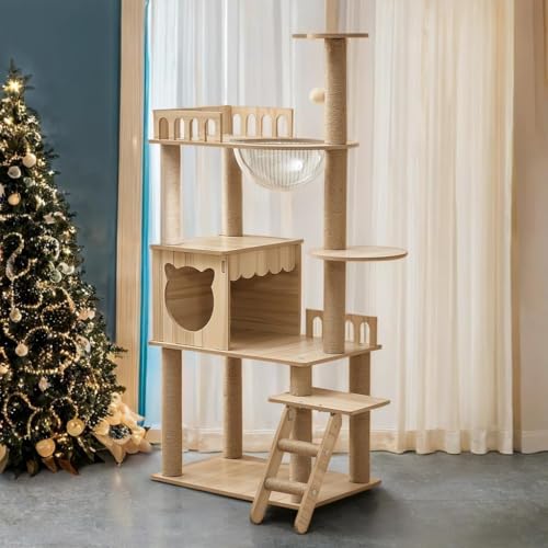 54-Inch Cat Tower,Multi-Level Pure Wood-Modern Cat Tree Tower with Condo, Cat Stairs, Bowl,9 Sisal Scratching Posts, Top Perch, Toy Balls,Cat Tree for Indoor Cats Large Adult (KT-1022) - size: KT-1022
