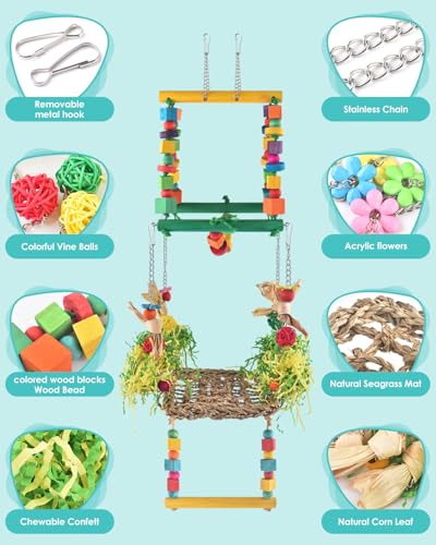 DBNESS Bird Hammock Toys Parakeet Perches Swing, 3in1 Detachable Parrot Cage Accessories, Wooden Hanging Chew Toys for Medium Conure Cockatiel Quaker Lory - size: 3 in 1