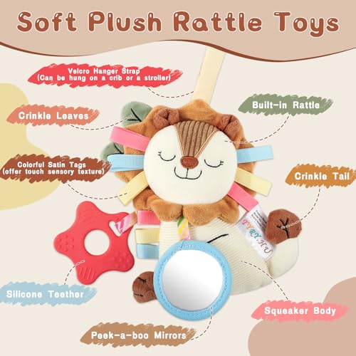 TYRY.HU Car Seat & Stroller Activity Toy,Soft Plush Cot Hanging Toy, Baby Rattle Toy with Strap,Developmental Sensory Toy-Textured Ribbons&Teether&Mirror&Crinkle Sounds for Infants 0 3 6 12 Months - color: B: Lion Stroller Toy