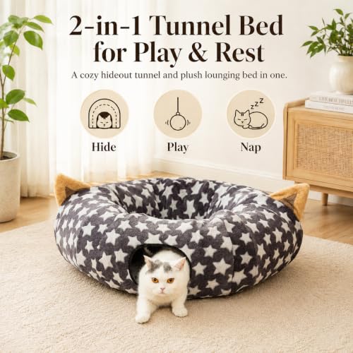 Large Cat Tunnel Bed Under Christmas Tree with Fluffy Toy Balls, Small Cushion and Flexible Design- 10 inch Diameter, 3 ft Length- Great for Cats, and Small Dogs, Gray Star Pattern - color: Gray Star, size: Tunnel Bed