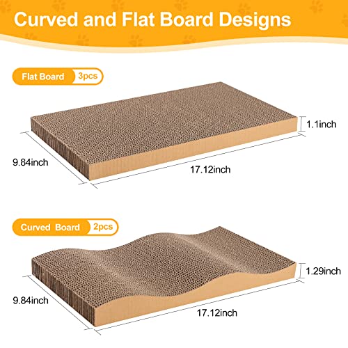 Poils bebe 5 PCS Cat Scratcher with Box, Reversible Cat Scratchers for Indoor Cats, Cardboard Cat Scratcher with Catnip, 2 Curved and 3 Flat Boards for Scratching Bed - size: 5 PCS Cat Scratcher Box