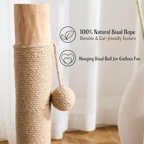 29" Tall Solid Wood Cat Scratching Post for Indoor Cats, Extra Stable Heavy Base, Natural Sisal Scratcher with Hanging Ball, Furniture Protector for Kittens & Adult Cats, Beige - color: Natural