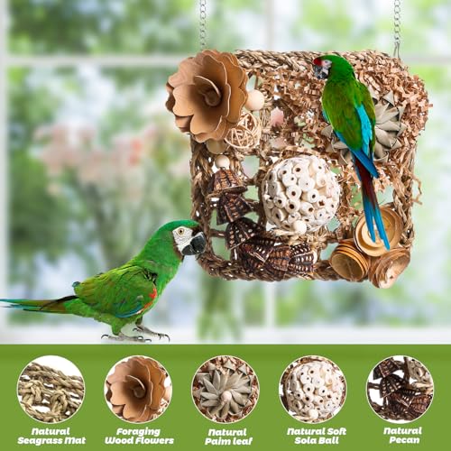 Bird Foraging Wall Toy, Seagrass Woven Climbing Hammock Mat with Chewing Toys,Parrot Shredding Hanging Toys for Cockatiel Lovebird Parakeet Budgie Small-Medium Birds (Small)
