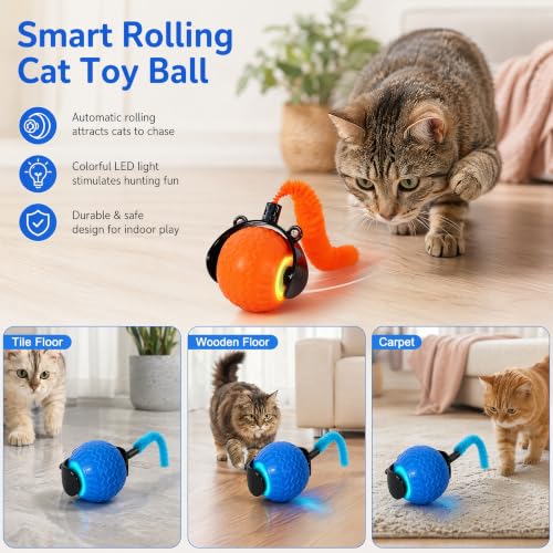 Tri-San Smart Automatic Interactive Cat Toy Ball, Rechargeable LED Moving Kitten Toy with Detachable Teaser Tail for Indoor Cat Hunting Exercise