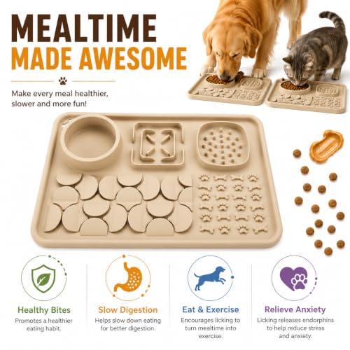 Silicone Dog Slow Feeder Lick Mat with Suction Cups, Multi-Puzzle Partition Pet Snuffle Feeding Tray for Puppy Cat Slow Eating Boredom Relief Training (Sand Beige) - color: sand beige
