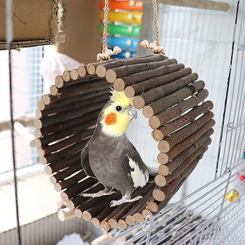 Natural Apple Wood Parrot Hammock & Tree Caves - Bird Cage Accessories for Little Bird, Parakeets, Cockatiels, Lovebirds & Hamsters (6.49" Diameter) - color: Hemp Rope Style, size: Small
