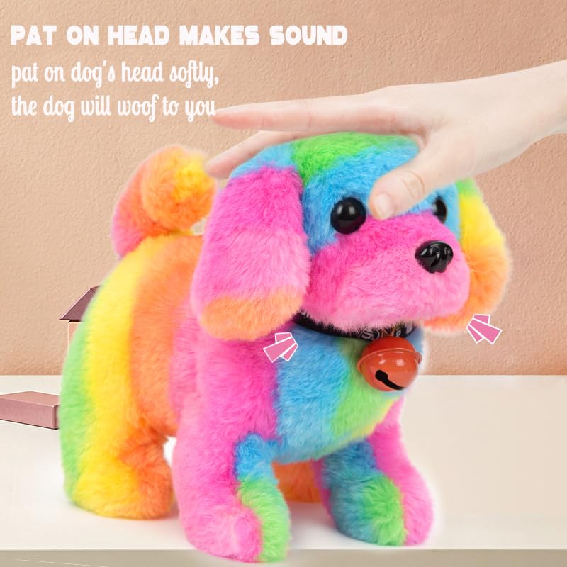 Hopearl Walking Colorful Dog with Bell Interactive Electronic Pet Plush Toy Puppy Woof and Moving Animated Nodding Head Gifts for Toddlers Birthday, Rainbow, 7'' - style: Dog_Straight Rainbow
