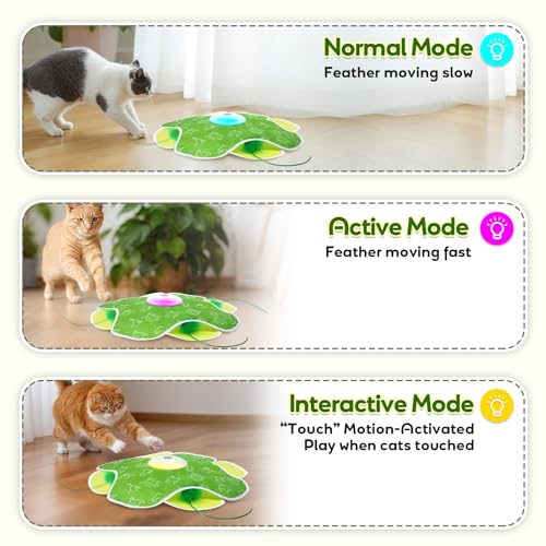 Saolife Interactive Cat Toys with Moving Feather Concealed in Mat, Rechargeable Cat Exercise Toys for Bored Cats with Motion Activated, Mouse Squeaky (Green)