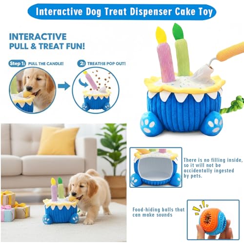 4-in-1 Dog Birthday Cake Toy, Interactive Snuffle Puzzle, Funny Dog Toys—Plush Squeaky Treat Dispenser with Cotton Rope, Hide ＆ Seek Enrichment Toy for Small/Medium/Large Dogs, Gotcha Day Party Gift