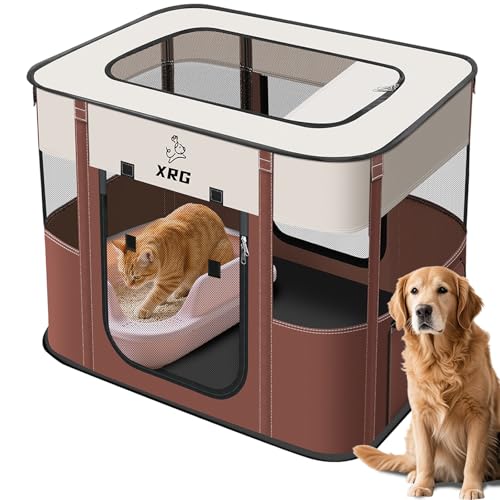 XRG Foldable Pet Playpen,Indoor Cat cage Puppy Crates L(35.4"x27.6"x23.6") - color: Brown, style: Large（35.4"L x 27.6"W x 23.6"H）
