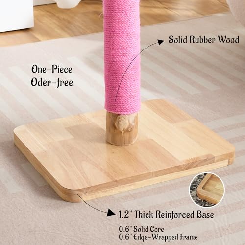 29" Tall Solid Wood Cat Scratching Post for Indoor Cats, Extra Stable Heavy Base, Natural Sisal Scratcher with Hanging Ball, Furniture Protector for Kittens & Adult Cats, Pink - color: Pink