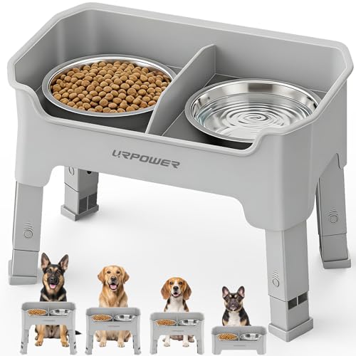 URPOWER Mess Proof Elevated Dog Bowls, Splash Guard Raised Bowl Stand - color: Light Grey, size: Medium