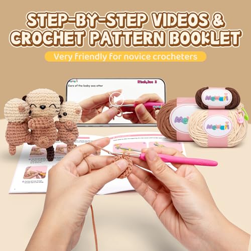 Mewaii Crochet Kit for Beginners, 3 Pack Sea Otter Craft Set - color: Light Brown