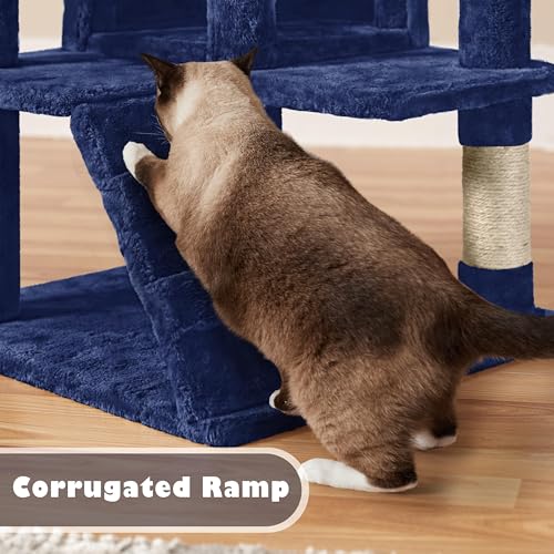 Yaheetech 54in Cat Tree Tower, 2 Caves, Kitten-Ear Perch & Scratching Posts - color: Navy Blue, size: 54in