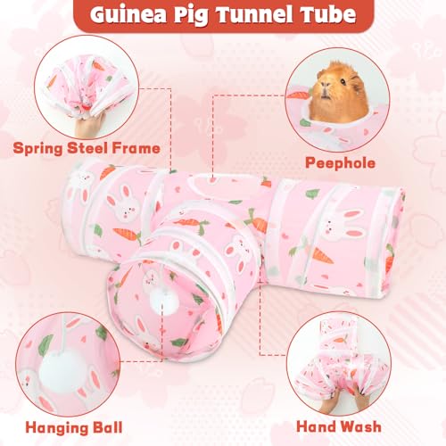 YUEPET Guinea Pig Tunnel, Guinea Pig Toys, 3-Way Play Tunnel Hideout, Pink - color: Pink