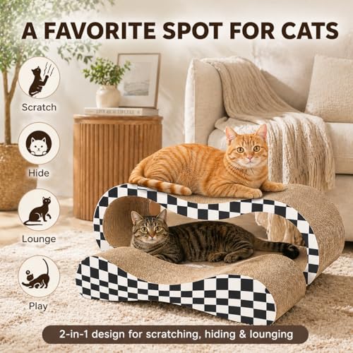 2 in 1 Large Cardboard Cat Scratcher Lounger, Cat Scratching Board for Indoor Cats, 100% Recyclable & Reversible Horizontal Scratching Pads Prevents Furniture Damage, Checkerboard - color: 2 IN 1 Large Checkerboard