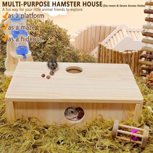 Kathson Multi-Chamber Hamster Tunnel House Maze: 2 Entrance 6 Rooms Hideout - color: Natural wood Hamster Maze House
