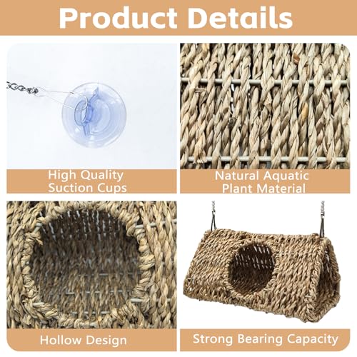 Hanging Reptile Hide Cave,Natural Seagrass Fiber Bearded Dragon Hammock Hideout,Reptile Shelter Sleeping Cave Swing Climbing Toys Terrarium Decor for Lizard Gecko Hermit Crabs(Triangle S) - size: Triangle S:7.87*3.94*3.94"